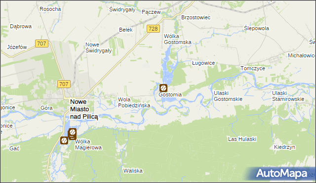 mapa Gostomia gmina Nowe Miasto nad Pilicą, Gostomia gmina Nowe Miasto nad Pilicą na mapie Targeo