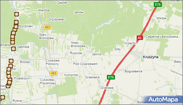 mapa Jamno gmina Mykanów, Jamno gmina Mykanów na mapie Targeo