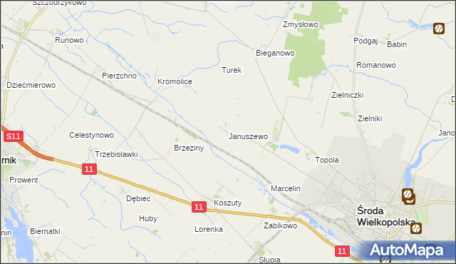 mapa Januszewo gmina Środa Wielkopolska, Januszewo gmina Środa Wielkopolska na mapie Targeo