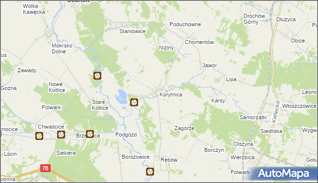 mapa Korytnica gmina Sobków, Korytnica gmina Sobków na mapie Targeo