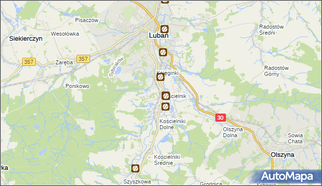 mapa Kościelnik gmina Lubań, Kościelnik gmina Lubań na mapie Targeo