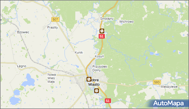 mapa Kosyń gmina Dobre Miasto, Kosyń gmina Dobre Miasto na mapie Targeo