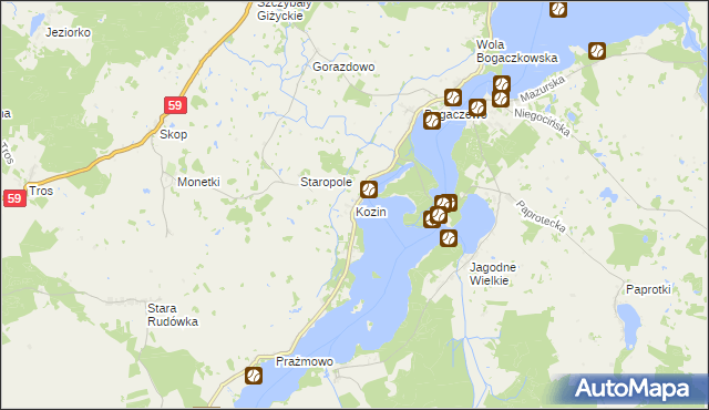 mapa Kozin gmina Giżycko, Kozin gmina Giżycko na mapie Targeo