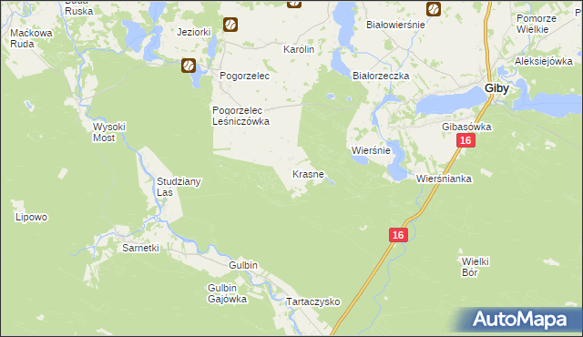 mapa Krasne gmina Giby, Krasne gmina Giby na mapie Targeo