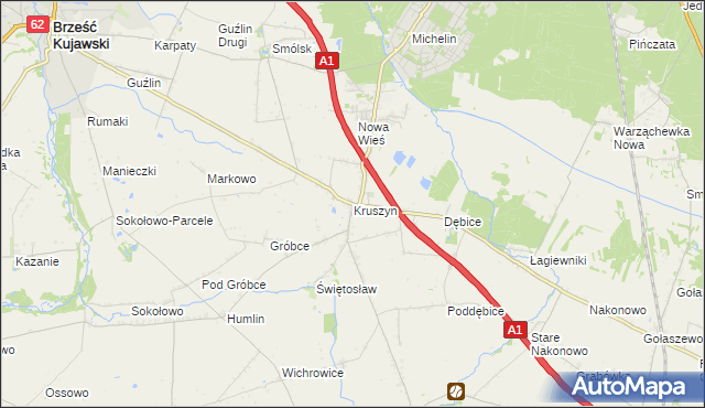 mapa Kruszyn gmina Włocławek, Kruszyn gmina Włocławek na mapie Targeo
