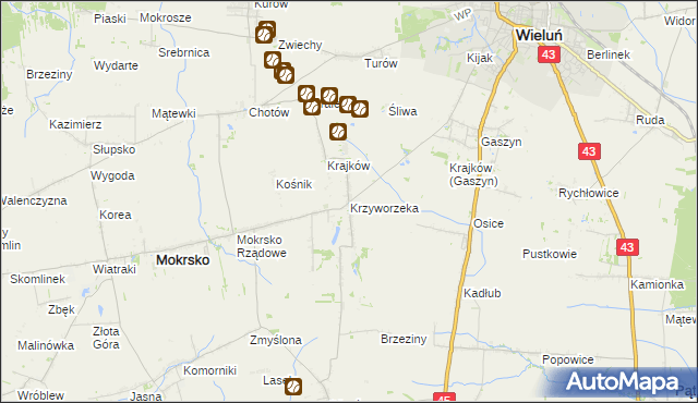 mapa Krzyworzeka gmina Mokrsko, Krzyworzeka gmina Mokrsko na mapie Targeo