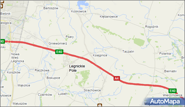 mapa Księginice gmina Legnickie Pole, Księginice gmina Legnickie Pole na mapie Targeo