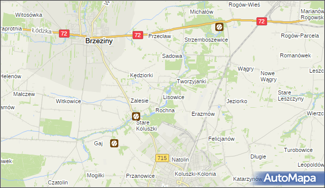 mapa Lisowice gmina Koluszki, Lisowice gmina Koluszki na mapie Targeo