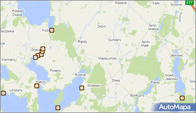 mapa Międzychód gmina Zalewo, Międzychód gmina Zalewo na mapie Targeo