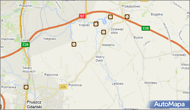 mapa Mokry Dwór gmina Pruszcz Gdański, Mokry Dwór gmina Pruszcz Gdański na mapie Targeo