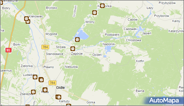 mapa Ojrzeń gmina Gidle, Ojrzeń gmina Gidle na mapie Targeo