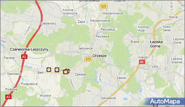 mapa Orzesze powiat mikołowski, Orzesze powiat mikołowski na mapie Targeo