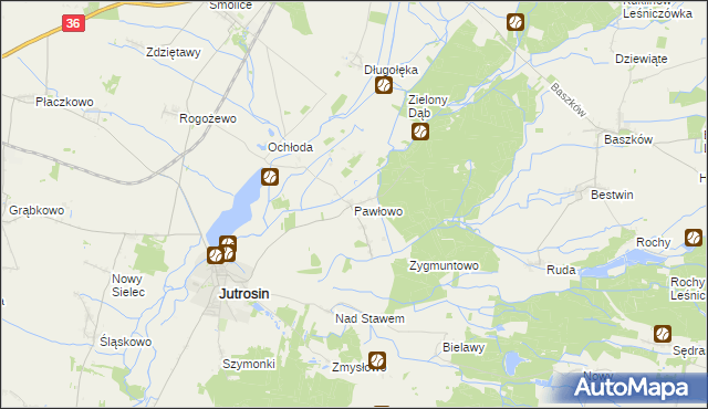 mapa Pawłowo gmina Jutrosin, Pawłowo gmina Jutrosin na mapie Targeo