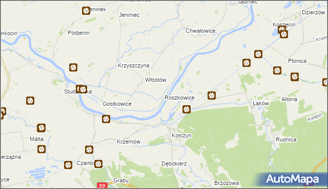 mapa Roszkowice gmina Bogdaniec, Roszkowice gmina Bogdaniec na mapie Targeo