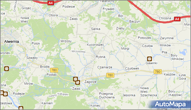 mapa Rybna gmina Czernichów, Rybna gmina Czernichów na mapie Targeo