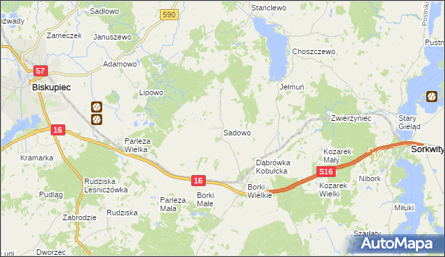 mapa Sadowo gmina Biskupiec, Sadowo gmina Biskupiec na mapie Targeo