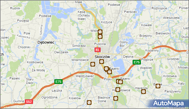 mapa Skoczów powiat cieszyński, Skoczów powiat cieszyński na mapie Targeo