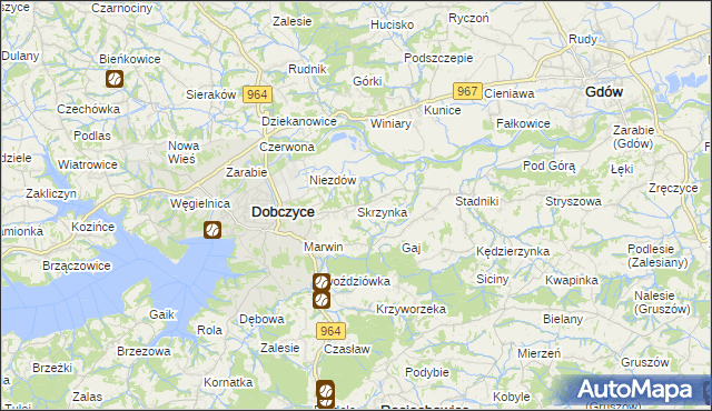 mapa Skrzynka gmina Dobczyce, Skrzynka gmina Dobczyce na mapie Targeo
