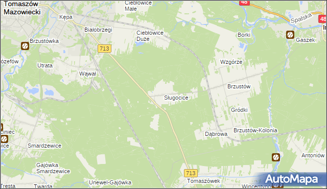 mapa Sługocice gmina Tomaszów Mazowiecki, Sługocice gmina Tomaszów Mazowiecki na mapie Targeo