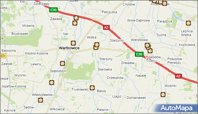 mapa Starzyny gmina Wartkowice, Starzyny gmina Wartkowice na mapie Targeo