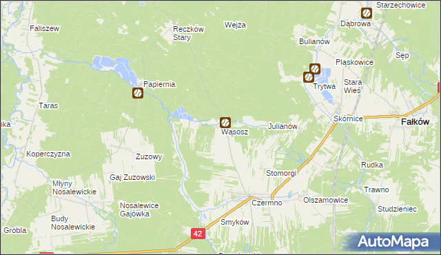 mapa Wąsosz gmina Fałków, Wąsosz gmina Fałków na mapie Targeo