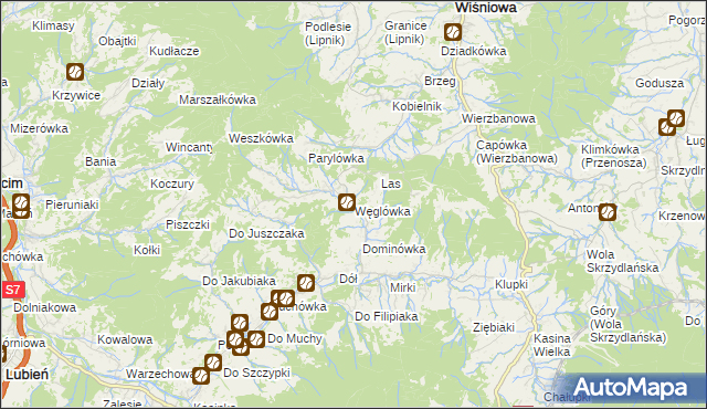 mapa Węglówka gmina Wiśniowa, Węglówka gmina Wiśniowa na mapie Targeo