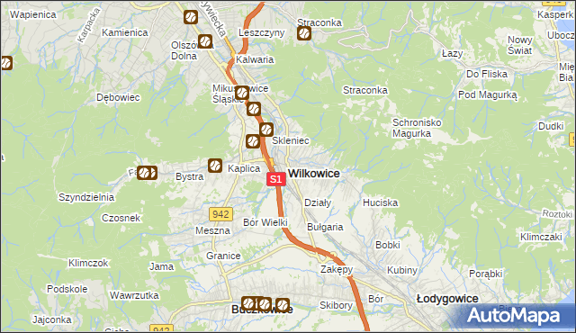 mapa Wilkowice powiat bielski, Wilkowice powiat bielski na mapie Targeo