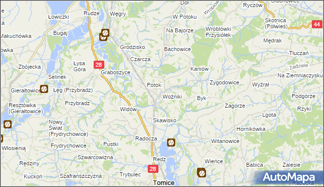 mapa Woźniki gmina Tomice, Woźniki gmina Tomice na mapie Targeo