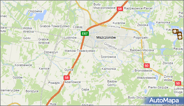 mapa Wymysłów gmina Mszczonów, Wymysłów gmina Mszczonów na mapie Targeo