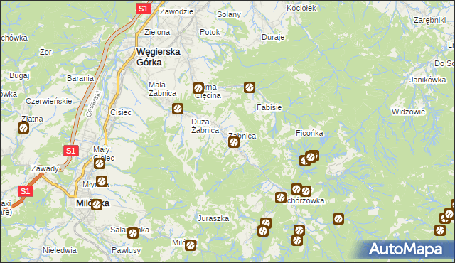 mapa Żabnica gmina Węgierska Górka, Żabnica gmina Węgierska Górka na mapie Targeo