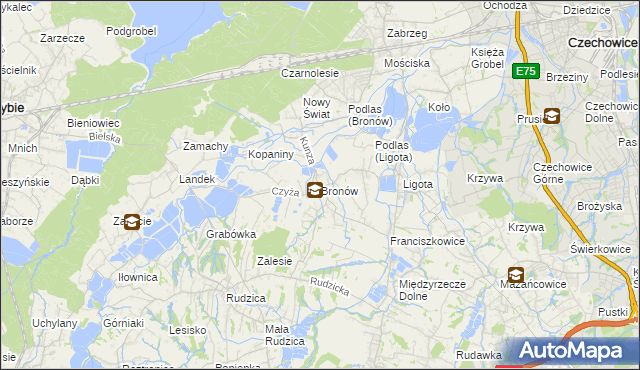 mapa Bronów gmina Czechowice-Dziedzice, Bronów gmina Czechowice-Dziedzice na mapie Targeo