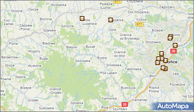mapa Bystra gmina Gorlice, Bystra gmina Gorlice na mapie Targeo