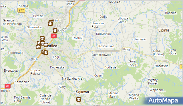 mapa Dominikowice gmina Gorlice, Dominikowice gmina Gorlice na mapie Targeo