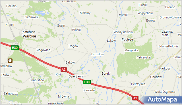 mapa Drozdów gmina Świnice Warckie, Drozdów gmina Świnice Warckie na mapie Targeo