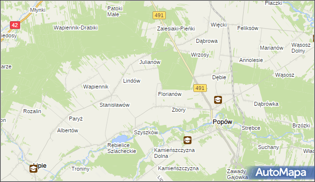 mapa Florianów gmina Popów, Florianów gmina Popów na mapie Targeo