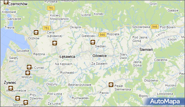 mapa Gilowice powiat żywiecki, Gilowice powiat żywiecki na mapie Targeo