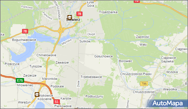 mapa Gołuchowice gmina Siewierz, Gołuchowice gmina Siewierz na mapie Targeo