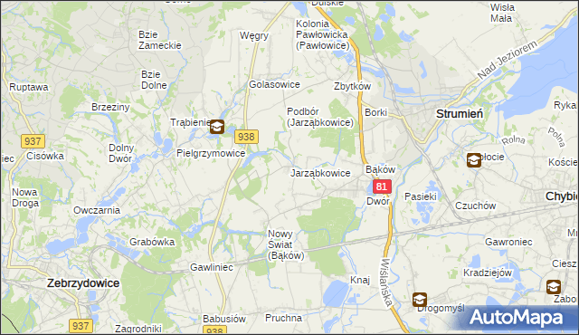 mapa Jarząbkowice gmina Pawłowice, Jarząbkowice gmina Pawłowice na mapie Targeo
