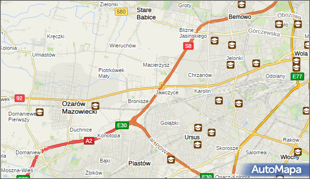 mapa Jawczyce gmina Ożarów Mazowiecki, Jawczyce gmina Ożarów Mazowiecki na mapie Targeo