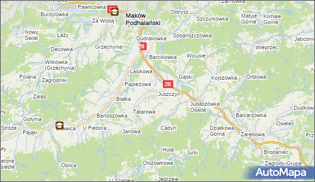 mapa Juszczyn gmina Maków Podhalański, Juszczyn gmina Maków Podhalański na mapie Targeo