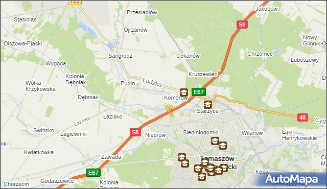 mapa Komorów gmina Tomaszów Mazowiecki, Komorów gmina Tomaszów Mazowiecki na mapie Targeo