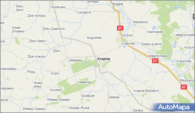 mapa Krasne powiat przasnyski, Krasne powiat przasnyski na mapie Targeo