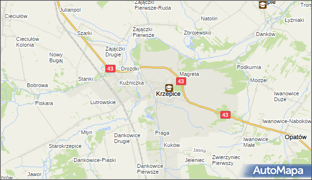 mapa Krzepice powiat kłobucki, Krzepice powiat kłobucki na mapie Targeo