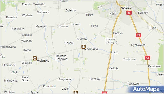 mapa Krzyworzeka gmina Mokrsko, Krzyworzeka gmina Mokrsko na mapie Targeo