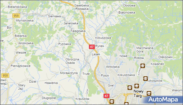 mapa Lasek gmina Nowy Targ, Lasek gmina Nowy Targ na mapie Targeo