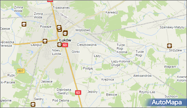 mapa Łazy gmina Łuków, Łazy gmina Łuków na mapie Targeo