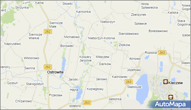 mapa Miłaczew gmina Kleczew, Miłaczew gmina Kleczew na mapie Targeo