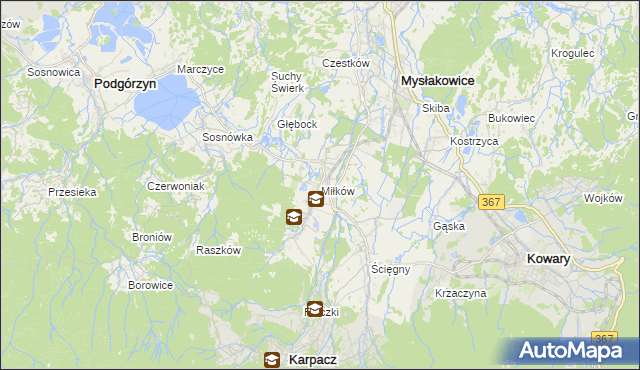 mapa Miłków gmina Podgórzyn, Miłków gmina Podgórzyn na mapie Targeo