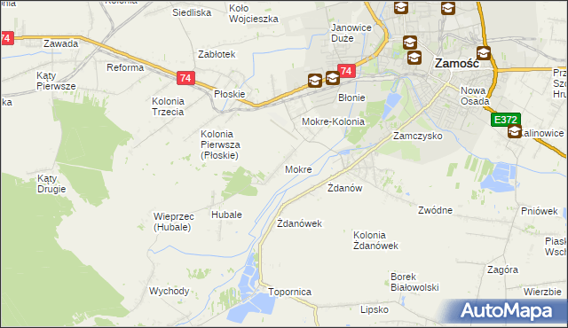 mapa Mokre gmina Zamość, Mokre gmina Zamość na mapie Targeo