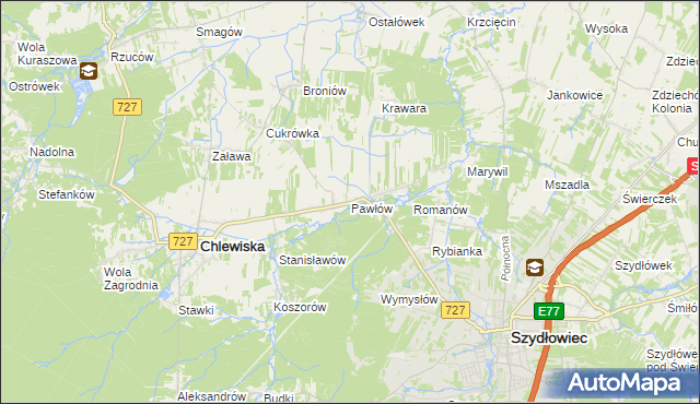 mapa Pawłów gmina Chlewiska, Pawłów gmina Chlewiska na mapie Targeo